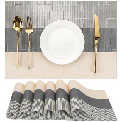 Placemats Set of 6, Vinyl Woven Heat-Resistant Place Mats - color: Beige Dark Gray, size: Set of 6