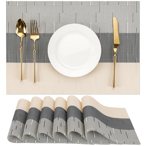 Placemats Set of 6, Vinyl Woven Heat-Resistant Place Mats - color: Beige Dark Gray, size: Set of 6