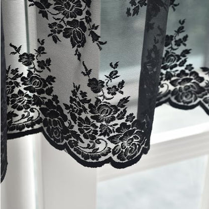Kotile Black Lace Valance Curtain for Windows Floral W52xL18 Inch 1 Panel - color: Black