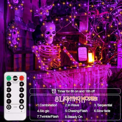 CCILAND 2 Pack 20FT Halloween Fairy Lights Battery Operated with Timer - color: Purple & Orange