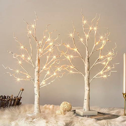 Vanthylit White Birch Tree with LED Lights - Set of 2, Tabletop Tree with Timer, Christmas Decorations Lighted Tree for Indoor Mantel Home Decor (2 FT, 24 LED) - size: 2pk Birch Tree