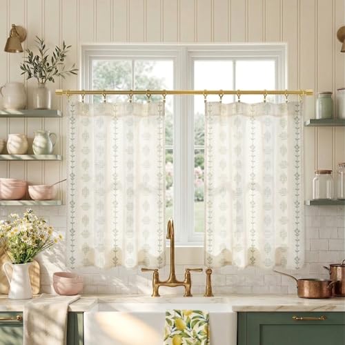 Lino Rosa Cafe Curtains 24 Inch Length,Sheer Short Linen Curtains for Boho Kitchen Bathroom Window Decor,Sage Green and Cream - color: Light Green, size: 24"W x 24"L (Pack of 2)