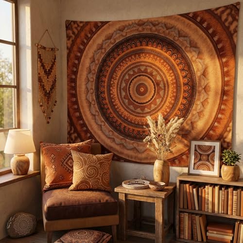 Spenlife Terracotta Mandala Tapestry, Warm Boho Tapestries for Bedroom, Indian Wall Decor, Round Art Tapestries (90" x 70") - color: Burnt Orange, size: 90"L x 70"W