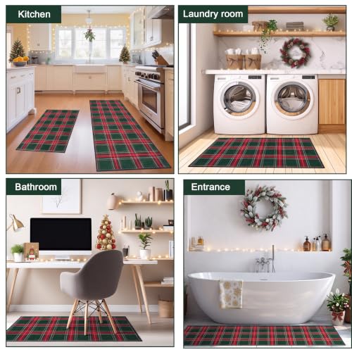 Dunzy 2 Pcs Red & Green Plaid Kitchen Mats Non-Slip Washable Runners - color: Red & Green