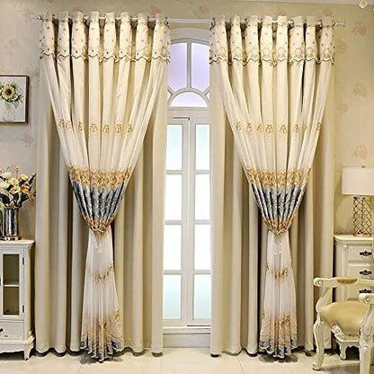 Amidoudou 1 Pair European Double Layer Curtains with Sheer Curtains for Living Room Bedroom Luxury Embroidered Blackout Curtains (Beige,52x95 Inch) - color: Beige, size: 52"W x 95"L (Pack of 2)