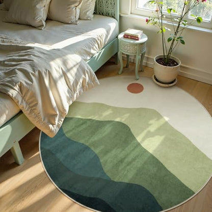 5ft Abstract Green Round Rug, Large Mountain Sunrise Circle Area Rug - color: Green, size: 5' (Round)