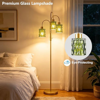 Green Glass Floor Lamp 3-Light 70" Gold Dimmable Modern Tall Standing Lamps - color: Green Cylinder-Gold