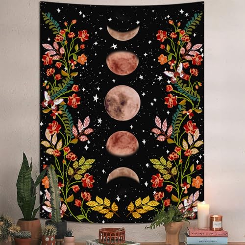 Lifeel Moon Phase Tapestry, Vintage Floral Wall Tapestry with Stars, Aesthetic Celestial Dark Botanical Wall Art for Bedroom Living Room Dorm Decor,36x48 inches - color: Black2, size: 48"L x 36"W