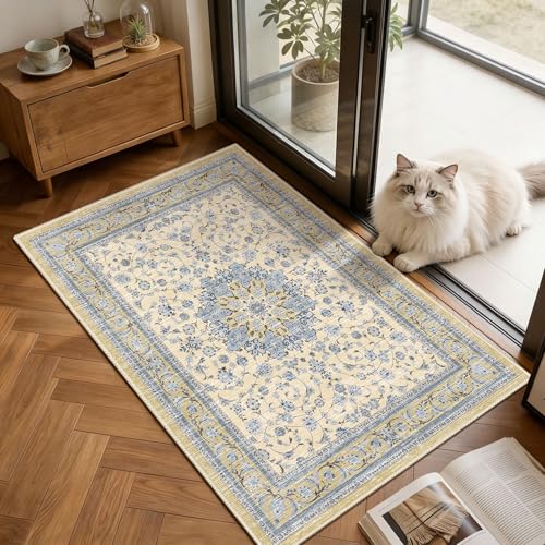 Arenarug Washable 2x3 Area Rug, Distressed Vintage Floral Small Throw Rug, Soft Low-Pile Non-Slip Indoor Rug for Entryway, Kitchen, Bathroom and Bedroom, Beige Blue - color: Beige Blue, size: 2' x 3' (Rectangular)