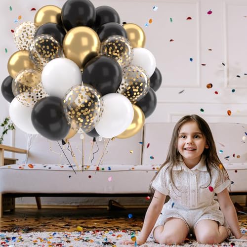 Patimate Black Gold Confetti Latex Balloons Set 50 pcs 12 inch - color: Black Gold