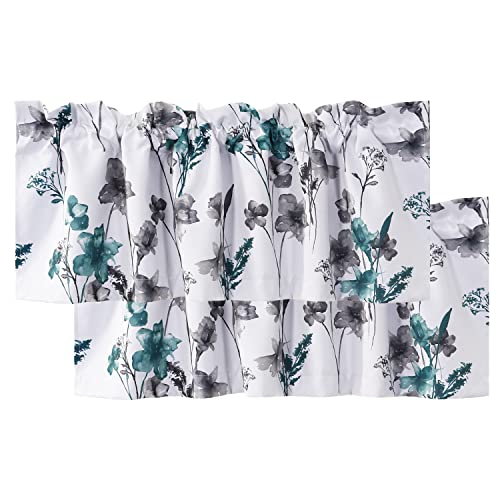 H.VERSAILTEX 100% Blackout Curtain Valances for Kitchen Windows 2 Panels Set Cattleya Floral Printed Leah Floral Thermal Insulated Rod Pocket Valances for Windows, 52" x 18", Grey/Teal - color: Grey/Teal, size: 52"W x 18"L (Pack of 2)