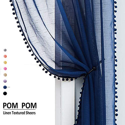 Pom Pom Navy Blue Sheer Curtains for Bedroom 52x84" Linen Textured Drape 2 - color: Classic Blue, size: 52"W x 84"L (Pack of 2)
