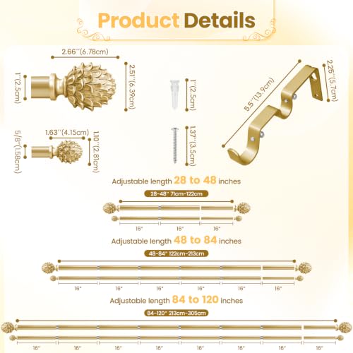 Double Layered Curtain Rod 28"- 48" Gold, Pine Cone Finials - color: Gold, size: 28"-48"