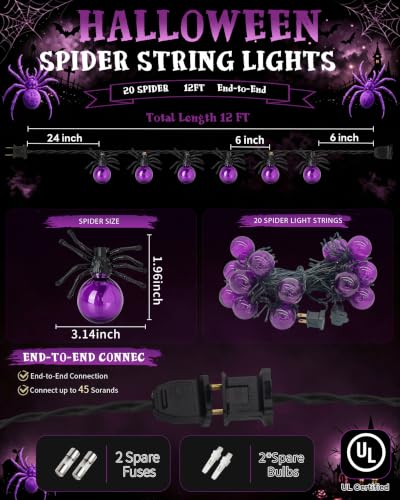 12FT Halloween Purple Spider String Lights, Plug-in 20 LED Decor - color: Purple Spider Lights
