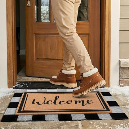 2-Piece Layered Welcome Mat Set - Coir Doormat & Buffalo Plaid Rug - color: Welcome 1