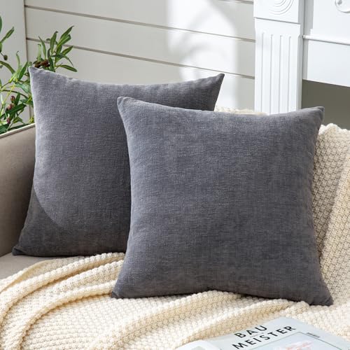 GAWAMAY Decorative Square Throw Pillow Covers 18"x18" Inch Set of 2, Super Soft Chenille Pillows Farmhouse Fall Pillowcase for Living Room Bedroom Sofa Couch Cushion Cover Grey 45x45cm (No Insert) - color: Dark Grey, size: 18" x 18" (Pack of 2)