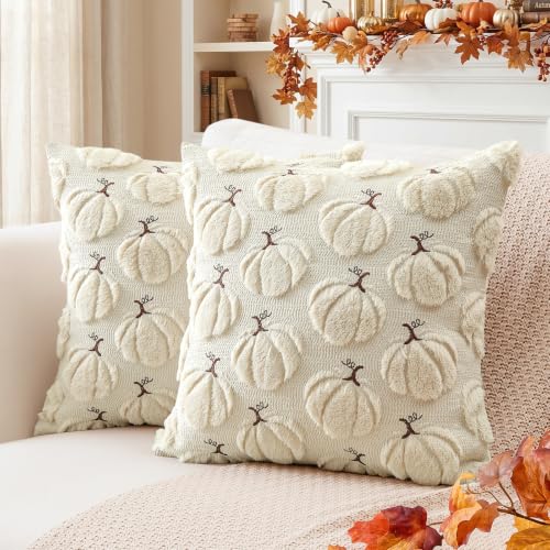 Artscope Pumpkin Fall Throw Pillow Covers 20x20 Set of 2, Autumn Soft Plush Faux Fur Decoration Cushion Covers for Thanksgiving Holiday Couch Sofa Bedroom Home Decor-Beige - color: Beige Pumpkin, size: 20" x 20" (Pack of 2)