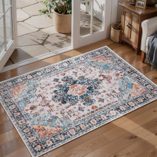 Tangsoo Vintage 2x3 Washable Rugs for Entryway, Non Slip Small Area Rug - color: Blue/Orange, size: 2' X 3' (Rectangular)