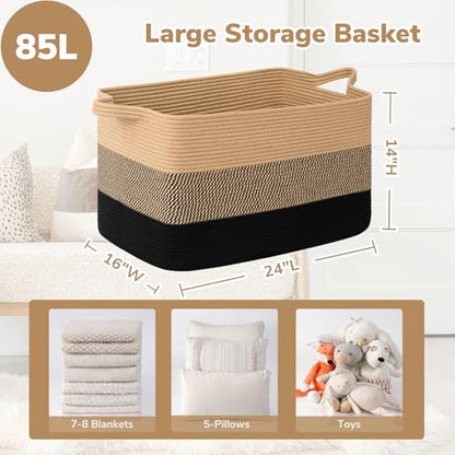 Goodpick 85L Large Woven Blanket Basket, Rectangle, Black Jute - color: Black Jute, size: X-Large(23.6"L x 15.7"W x 13.8"H)