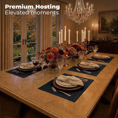 Signature Linen™ by D'Moksha, Black Placemats Set of 4, 14 x 19 Inch, 100% Pure Linen Table Mats, Hemstitch, Machine Washable Cloth Placemats- Fall, Weddings, Outdoor Hosting - color: Black, size: Set of 4 (14 X 19 Inch)