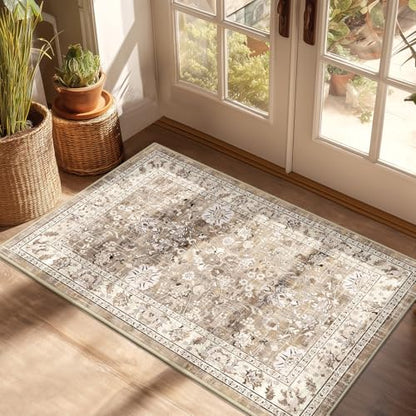 LOKHOM 2x3 Washable Area Rugs, Boho Floral Non-Slip Carpet Rug, Beige - color: Beige Brown, size: 2' x 3' (Rectangular)