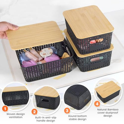 Ohmlove 6 Pack Plastic Storage Baskets with Bamboo Lids for Organization - color: Black