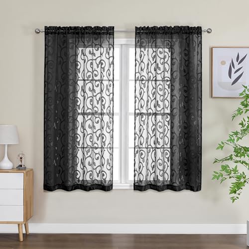 OWENIE Furman Black Sheer Curtains 54 inch Length for Living Room Bedroom 2 Panels Set, Lightweight Small Window Curtains with Geometric Jacquard Clip Voile Curtains, Dual Rod Pocket, 28Wx54L inch - color: Black, size: 28"W x 54"L (Pack of 2)