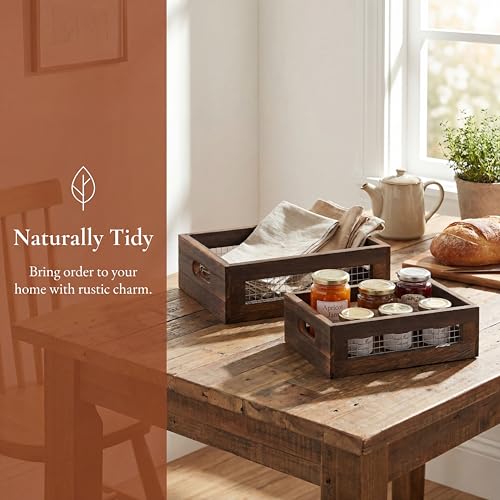 Dicunoy Set of 2 Rustic Nesting Boxes, Wooden Organizer Crates Basket, Small Decorative Wood Wire Containers with Handle for Countertop, Fruit, Veggies, Kitchen, Bathroom, Pantry Storage, Gift Basket