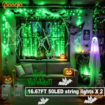 Pooqla Green String Lights Battery Powered, 2x50 LED Halloween Fairy Lights - color: Green, size: 50 LED x2