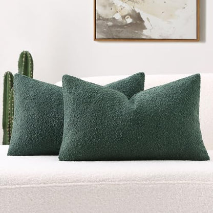 FUTEI Pack of 2 Boucle Textured Throw Pillow Covers 12x20 Inch, Dark Green - color: Dark Green, size: 20" x 12" (Pack of 2)