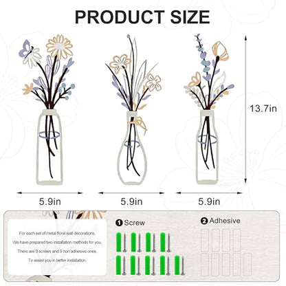 Embewhis Wall Decor Metal Flowers 3pcs, Rustic Farmhouse Flower Sculptures, 13.7" Wall Art Decor, Drill-Free Install Option for Living Room, Kitchen, Bedroom & Bathroom - size: G