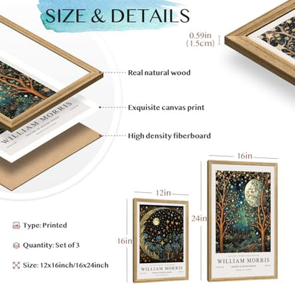 Hianan Wood Framed William Morris Moon Star Wall Art Set of 3, 12x16 in - color: Dark Blue,Gold(Wood), size: 16"L x 12"W
