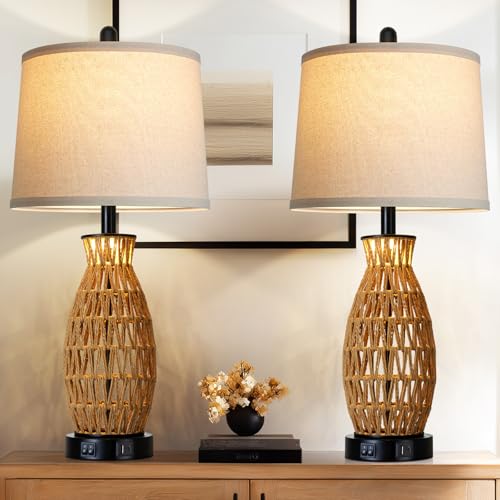 CINSARY 27" Rattan Table Lamps Set of 2 with Night Light, Boho Wicker Bedside Lamp for Bedroom with USB A+C Ports, Coastal Handwoven Woven Nightstand Lamps, Nautical Living Room Lamp for End Table - color: Rattan-27"H