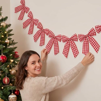 Flutesan 8 Ft Red Gingham Bow Garland Fabric Banner Farmhouse Decoration - color: Red, White, style: Gingham