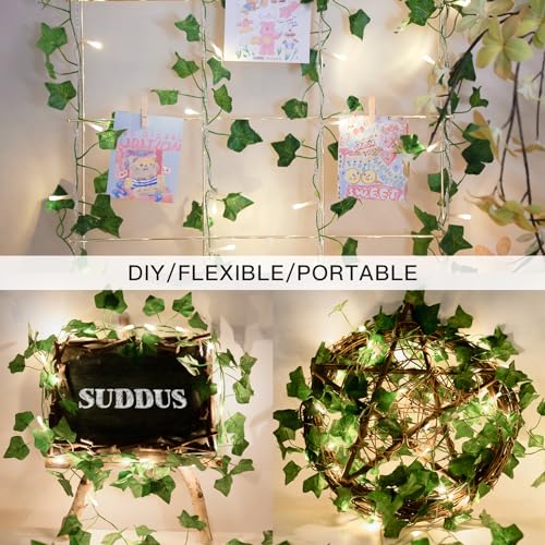 suddus 33FT 100 LED Ivy Vine with Fairy Lights Plug in Clear Wire - color: IVY, size: 100 LED-Plug