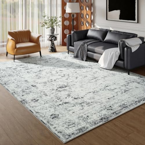 Unirea 5x7 Area Rugs for Living Room Bedroom, Washable Light Grey White Non Slip Low Pile Vintage Indoor Area Rug, Large Boho Abstract Soft Carpet, Gray Rugs for Dining Room Study Office Kids Room - color: Light Grey/White, size: 5x7 Feet
