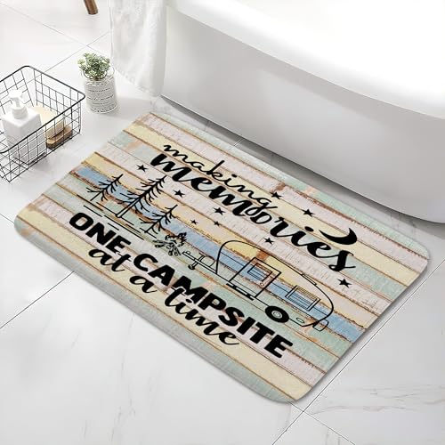 Happy Camper Bathroom Rugs, Rustic Cabin Wooden Farmhouse Bath Mat, Travel Trailers Camping Theme Non Slip Bathtub Rug Retro Rustic Wood Neutral Color for Travel Trailer Camping Kitchen Rug 19X31IN - color: Camper, size: 1'7" x 2'7" (Rectangular)