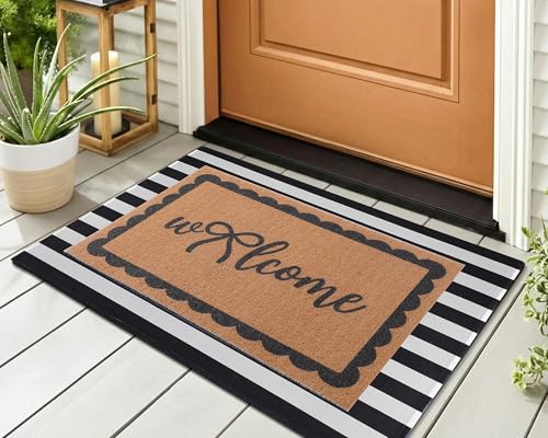Tinideya 2 Pcs Black and White Outdoor Mat Stripe Front Door Welcome Mat - color: Black,white