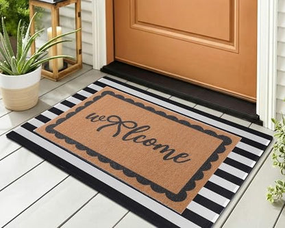 Tinideya 2 Pcs Black and White Outdoor Mat Stripe Front Door Welcome Mat - color: Black,white