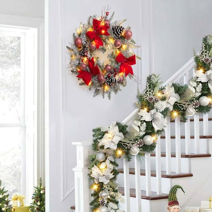 LinTimes 6 FT Pre-Lit Christmas Garland, Silver Lighted Xmas Garland with 20 LED Lights with Timer for Mantle Staircase Table, Winter Garland with Ribbon, Xmas Balls, Snowflake, Battery Operated