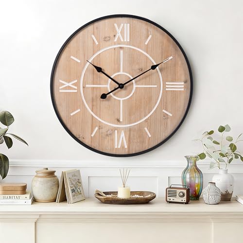 Large Farmhouse Wall Clock 24/30 Inch, Rustic Wooden Clock with Black Metal Frame, Silent Non-Ticking, Roman Numerals for Living Room Kitchen Bedroom - size: 24 inch
