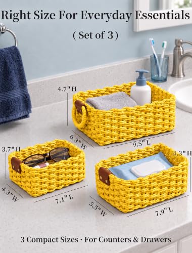 Small Wicker Baskets, 3 PCS Paper Rope Baskets for Shelves, Yellow - color: Yellow