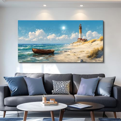 Ocean Wall Decor Extra Large Canvas Wall Art for Living Room Coastal Wall Art Lighthouse Pictures Blue Decorations Nature Painting Canvas Art Print for Bedroom Office Hallway Decor Mural - color: Ocean Canvas Wall Art, size: 58"L x 29"W