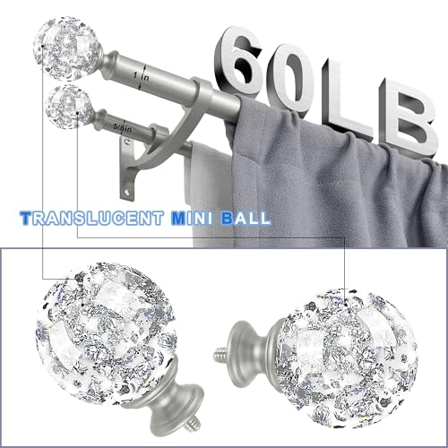 Silver Double Curtain Rod 140 to 164 Inch,Double Decorative Crystal Drapery Rods with Solid Aluminum Bracket Acrylic Sheer Bling Foil Finials,1" Front and 5/8" Back Heavy Duty Curtain Rods for Windows - color: Silver, size: 140-164"