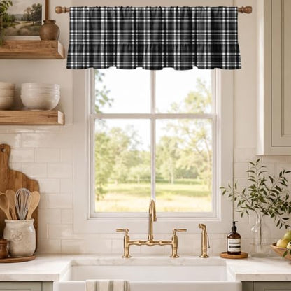 Emvency Valances for Windows, Line Ruffle Hem, 2 Pack, 52x18 Inch, Plaid - color: Black Grey