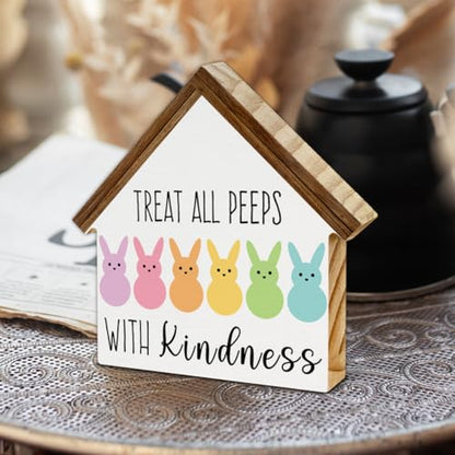 Easter Decor, Treat All Peeps with Kindness Bunny House Shaped Sign - color: TREAT