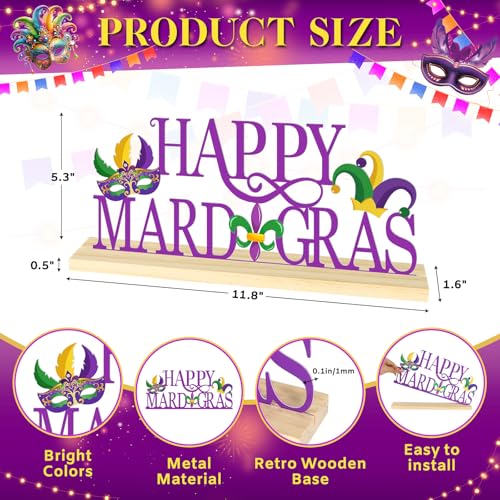 Happy Mardi Gras Metal Table Sign, Mardi Gras Table Decoration Centerpiece, Metal Letter Sign with Wooden Base, Holiday Tabletop Decor for Home, Office, Mantel, Party Supplies - color: Mardi.Gras