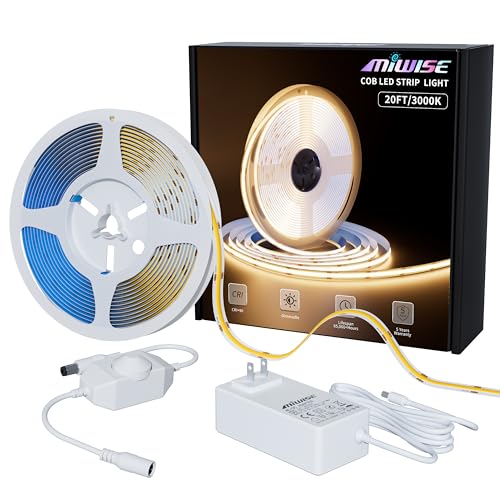 MIWISE COB LED Strip Light 20ft/6.1m,CRI 90+ Warm White 3000K High Lumen Dimmable Super Bright Flexible DC24V LED Tape Light with Controller/Dimmer,for Cabinet Home Office DIY Lighting Projects - color: 3000K, size: 20 ft