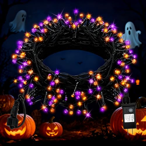 FairyGlim Halloween String Lights Plug in,33FT 100 LED String Lights with 8 Modes & Timer, Halloween Decorations for Party Carnival Supplies, Outdoor Indoor Yard Garden Decor, Purple & Orange - color: Purple and Orange, size: 33FT 100LED