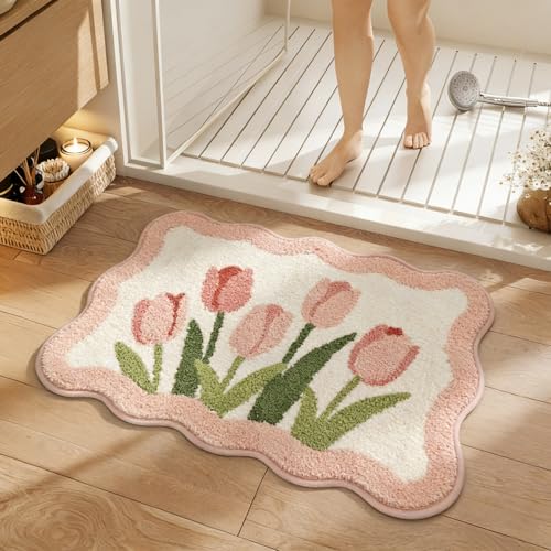 Pink Tulip Bath Mat 32x20, Soft Fluffy Fresh Flowers Bathroom Rug - color: Wave Pink